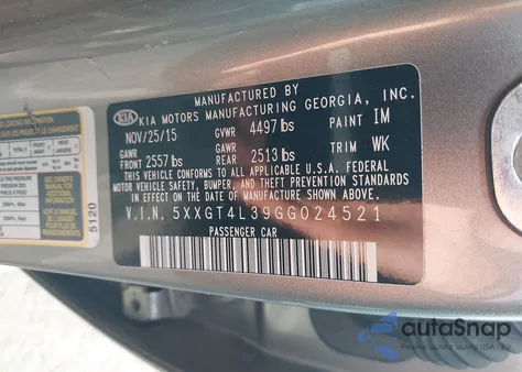 2016 Kia Optima Lx из США, поврежденный, VIN 5XXGT4L39GG024521